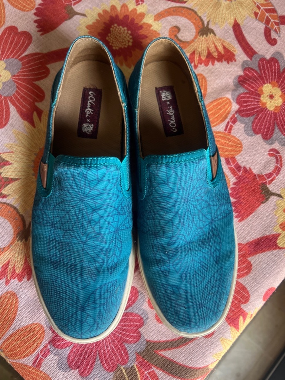 OluKai Teal Floral Slip-On Flats